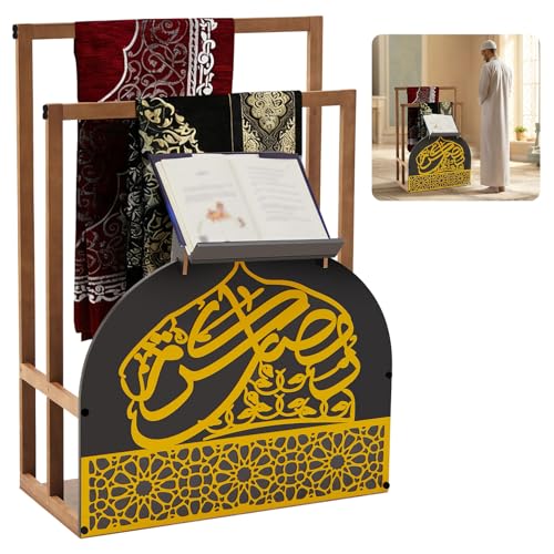 Chunful Gold Wooden Quran and Prayer Mat Stand, 35.4 x 26 x 11.8inch, Ideal Gift for Eid Ramadan and Muslim Home Decor, Islamic Prayer Rug Holder with Arabic Calligraphy for Home Mosque