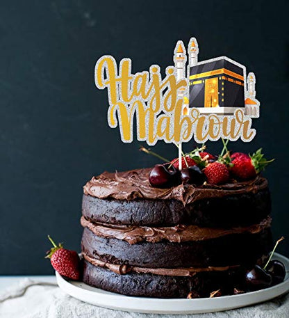 Black and Gold Glitter Hajj Mubarak Cake Topper - Eid Mubarak Festival Anniversary Party - Muslim Islam Celebration Decoration-Ramadan Party Supplies.