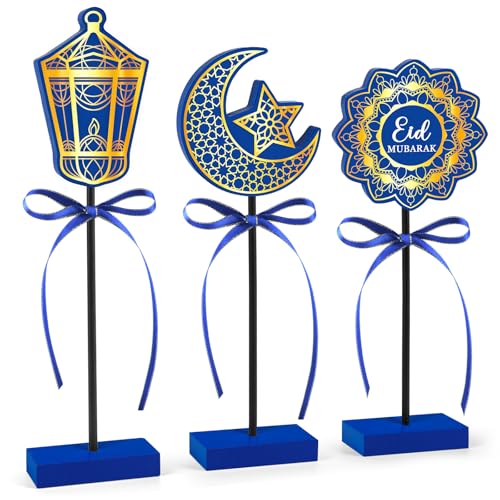 3 PCS Ramadan Table Decorations Wooden Eid Mubarak Signs Rustic Islamic Ramadan Tiered Tray Decor for Muslim Party Home Kitchen Decor (Blue.Classic) - color: Blue.Classic
