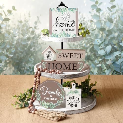 Yousoontic 7 Pcs Home Sweet Home Wooden Table Decorations, Farmhouse Tiered Tray Decor Rustic, Wood Block Signs Table Centerpieces Bead Garland for Kitchen Tabletop Housewarming - style: Home Sweet Home