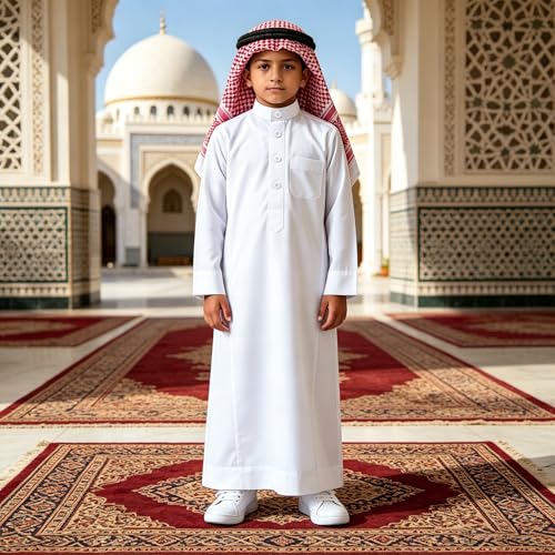 Traditional Boys Muslim Thobe - Kids Long Sleeve Arabic Robe, Middle Eastern Style Islamic Jubba Kandura for Children, White