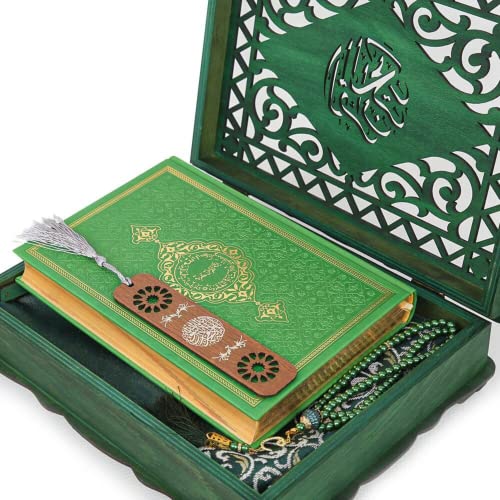Quran, Bookmark, Tasbih, Prayer Rug in Customizable Wooden Boxed | Islamic Gift Set | Muslim Birthday Wedding Graduation Gift | Eid Ramadan Gift (Green) - color: Green