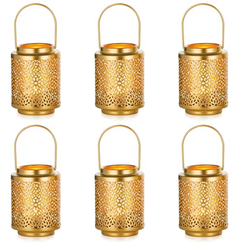 NUPTIO Mini Lanterns for Wedding Centerpieces: 6 Pcs Gold Hanging Metal Tealight Holders Bulk 4.1inch Vintage Brass Tea Lights Candle Lantern for Christmas Diwali Ramadan Holiday Decor (Style 2) - size: Style 2 - 6 Pcs