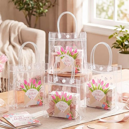 Aliceset 24 Pcs Happy Mother's Day Clear Gift Bags Transparent Plastic Tote Bags with Handles Reusable PVC Goodie Handbags for Mom Women Appreciation Gifts Spring Party Favors, 6.31"x 5.91"x 3.15" - style: Happy Mother's Day