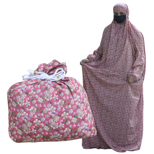 MERCATUS One-Piece Islamic Prayer Dress with Attached Hijab & Pouch - Lightweight Crepe Jilbab - Free Size, WHITE - color: Dull Peach Floral