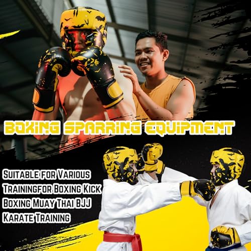 Arrowbash Boxing Headgear and Gloves Set for Kids 6oz Boxing Gloves and Wrestling Headgear Sparring Equipment for Boxing Kickboxing Muay Thai BJJ Karate Training - color: Yellow & Black, style: Bat