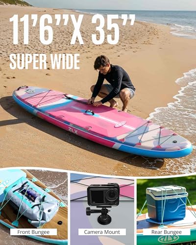 ZLX 11'6"x35" Ultra Wide Inflatable Stand Up Paddle Board | Stable Non-Slip Deck Pad, Unique Fin System, Premium SUP Accessories & Backpack - Upgraded Pump for Adults, All Skill Levels - color: Pink Camouflage