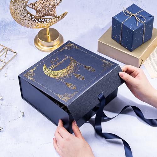 WRAPAHOLIC Eid Mubarak Gift Box with Satin Ribbon, 8x8x4 Inches Blue Collapsible Gift Box with Magnetic Closure for Eid Party, Ramadan, Gift Wrap, Storage