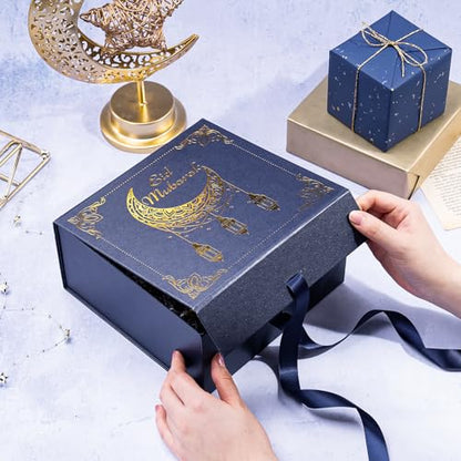 WRAPAHOLIC Eid Mubarak Gift Box with Satin Ribbon, 8x8x4 Inches Blue Collapsible Gift Box with Magnetic Closure for Eid Party, Ramadan, Gift Wrap, Storage