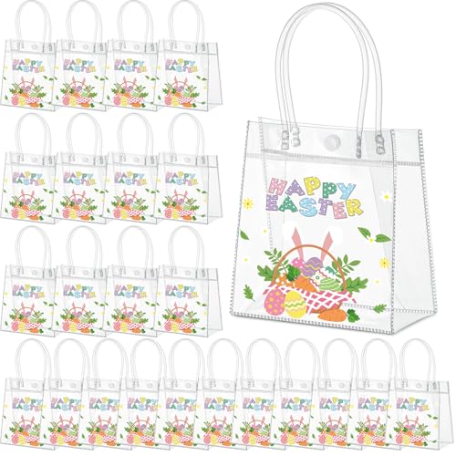 Aliceset 24 Pcs Happy Easter Gift Bags Bulk - Colorful Easter Clear PVC Gift Bags with Handle Reusable Eggs Bunny Goodie Candy Tote for Egg Hunt Party Supplies (Rabbit, 6.31"x 5.91"x 3.15") - style: Bunny Ear