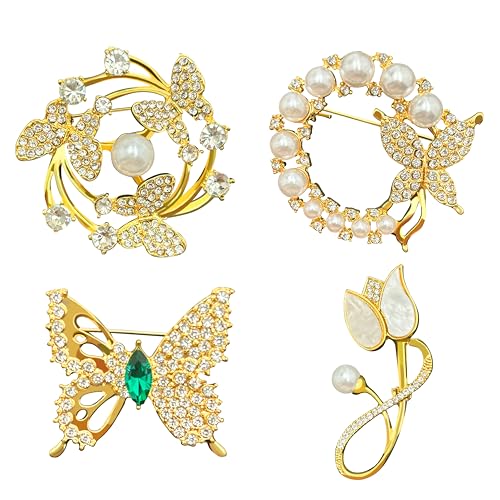 Butterfly Wreath Brooch Pin White Pearl Flower Women Rhinestone Scarf Buckle Pin Gold Wedding Bridal Brooches Lady - color: Brooches L-4PCS