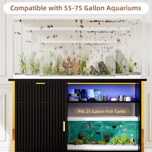 55-75 Gallon Fish Tank Stand with Power Outlets, LED Light, Vertical Lines, Heavy Duty Aquarium Stand with Cabinet for Fish Tank Accessories Storage, Turtle Tank, Reptile Terrarium (Black and Gold) - color: Black and Gold