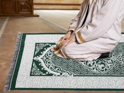 Anlising Muslim Prayer Mat, Islamic Prayer Carpet Mat, 27.5" x 43.3", Green, Modern Geometric Pattern, Machine Made, Indoor Use, Spot Clean Only