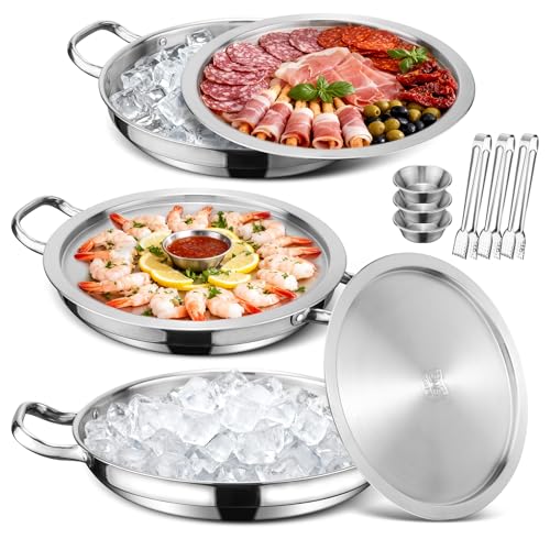 3-Set 12 Inch Chilled Serving Trays, Shrimp Cocktail Serving Dish, Cold Charcuterie Board with Ice Trays for Appetizer Oyster Salad Fruit Buffet Parties, Dishwasher Safe, Stainless Steel 18/10 - size: 3-Set Round