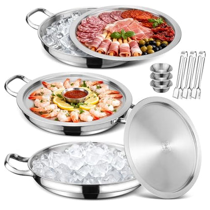 3-Set 12 Inch Chilled Serving Trays, Shrimp Cocktail Serving Dish, Cold Charcuterie Board with Ice Trays for Appetizer Oyster Salad Fruit Buffet Parties, Dishwasher Safe, Stainless Steel 18/10 - size: 3-Set Round