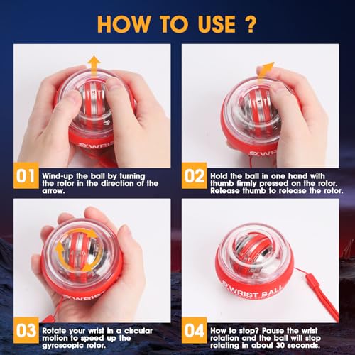 JIN BD Auto-Start Gyro Ball Wrist Trainer, Gyroscopic Forearm Exerciser for Strengthening Arms, Fingers and Muscles - color: Light Red Transparent with Colorful Lights