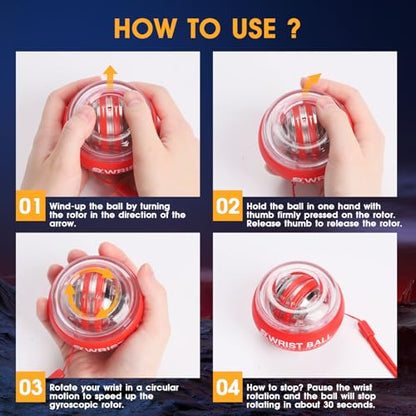 JIN BD Auto-Start Gyro Ball Wrist Trainer, Gyroscopic Forearm Exerciser for Strengthening Arms, Fingers and Muscles - color: Light Red Transparent with Colorful Lights