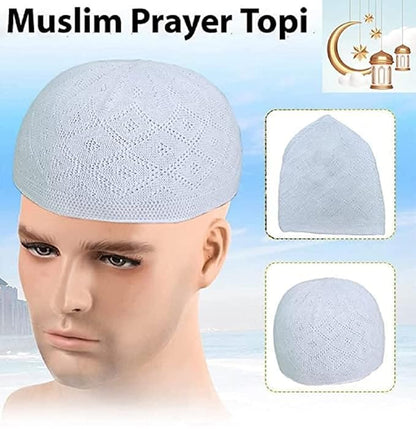 Kufi Hat for Men, Islamic Muslim Prayer Cap, Breathable Cotton Skull Cap, Traditional Taqiyah Takke, Crochet Cap - color: White
