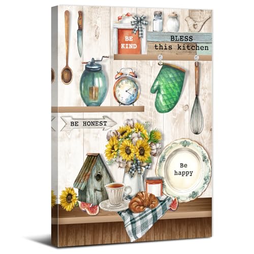 Bless This Kitchen Wall Art Farmhouse Wall Decor Rustic Family Canvas Painting Inspirational Quotes Sunflower Picture Be Kind Be Honest Be Happy Prints Artwork for Dining Room Home Decorations 12x16" - color: Bless This Kitchen, size: 16"L x 12"W