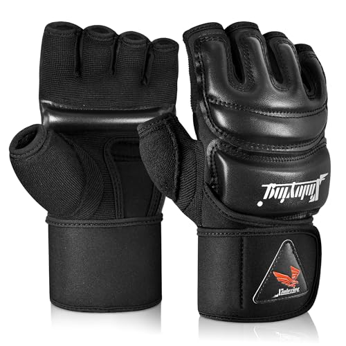 Xinluying MMA Gloves Boxing Punch Bag Training Martial Arts Sparring Grappling Kickboxing Muay Thai Gloves, Thickened Knuckle Pads, Wider Wristband, Fingerless Rub Resistance Mitts for Men Women Kids - color: Black, size: Small