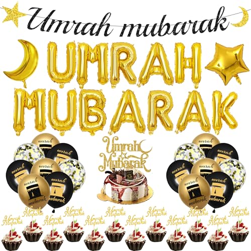 Umrah 무바라크 장식 라마단 이드 - 44피스 블랙 골드 하즈 라마단 장식 풍선 배너 케이크 토퍼 스타 문 파티 용품 가정용 Lslamic Muslim Al Fitr Eid Umrah 무바라크 파티 선물