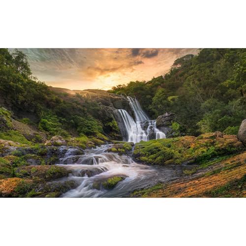 Sunset Waterfall Aquarium Background Majestic Jungle Rainforest Fish Tank Background Majestic Cascading Waterfalls Terrarium Backgrounds Tranquil Stream Green Forest Reptile Tank Backgrounds 24x16in - color: Brown_Green, size: 24(W)x16(H)in