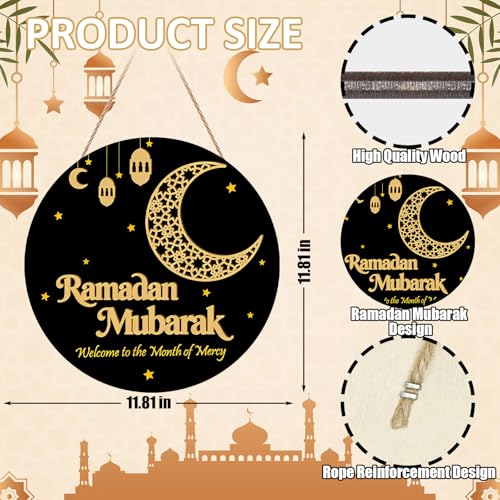 Ramadan Decoration Wooden Ramadan Mubarak Wreath for Front Door Sign Eid Mubarak Wreath Hanging for Islamic Home Wall Decor Eid Decorations