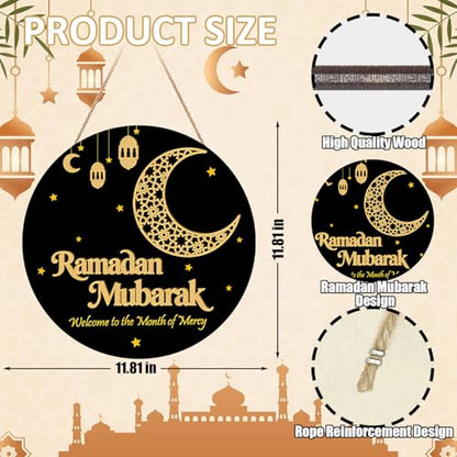 Ramadan Decoration Wooden Ramadan Mubarak Wreath for Front Door Sign Eid Mubarak Wreath Hanging for Islamic Home Wall Decor Eid Decorations