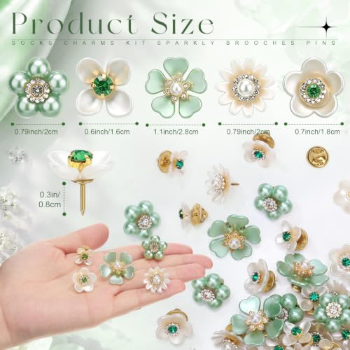 50 Pcs Pearl Rhinestone Brooch Pin Flower Embellishments Brooches and Pins for Women Lapel Pins No Sew Button Charms Accessories for Clothes Bags Wedding DIY Crafts, 5 Styles - color: Green