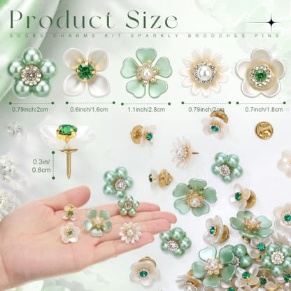 50 Pcs Pearl Rhinestone Brooch Pin Flower Embellishments Brooches and Pins for Women Lapel Pins No Sew Button Charms Accessories for Clothes Bags Wedding DIY Crafts, 5 Styles - color: Green