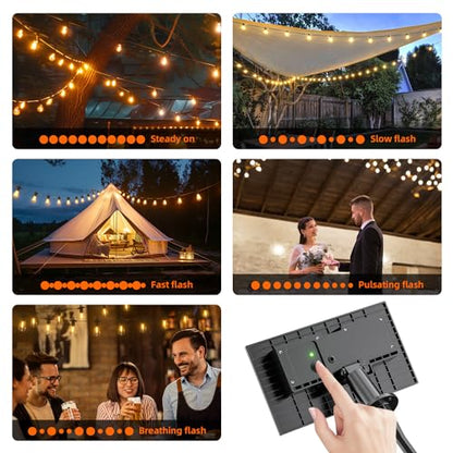 Kawaya Solar Powered String Lights for Outside: 100 FT LED Outdoor Patio Lights with USB-Charging - IP65 Waterproof Hanging Light - 50+2 Shatterproof Edison Bulbs for Bistro Cafe Camp Yard Balcony - size: 100FT New