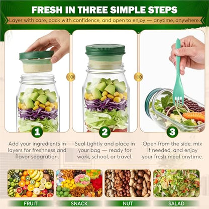 Salad Jar with Side Opening, 35oz Leakproof Salad Container with Dressing Cup, Reusable Cutlery & Cleaning Cloth, BPA-Free Tritan Lunch Jar for Meal Prep, Office, Gym, Travel & Healthy Lunches