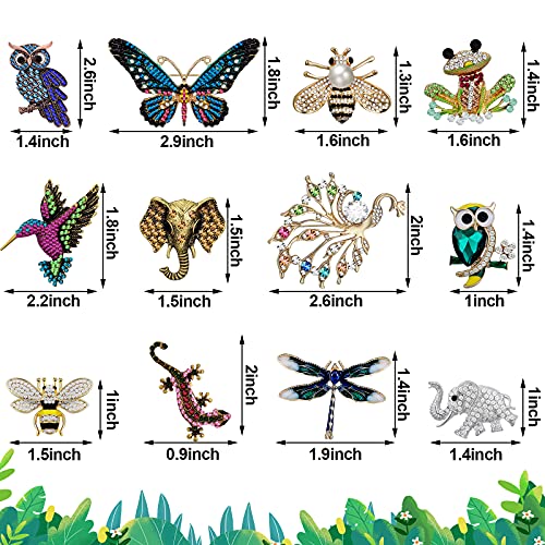 Junkin 12 Pcs Women Brooches Bulk Set Rhinestone Pin Crystal Vintage Brooch Retro Pin Women Girls Gifts for Christmas - style: Animal