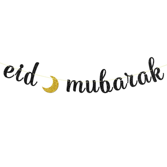 Maicaiffe Eid Mubarak Banner - Happy Eid Ramadan Mubarak Party Banner Decor - Islamic Festival Ramadan Holiday Party Decorations, Black Glitter