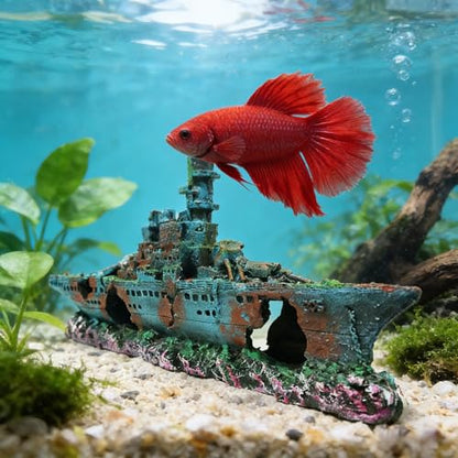Eco-Friendly Resin Aquarium Shipwreck Decor, Realistic Sunken Ship Fish Tank Ornament, Safe Hideout & Landscaping Accessory for Betta Fish, Freshwater and Saltwater Aquariums