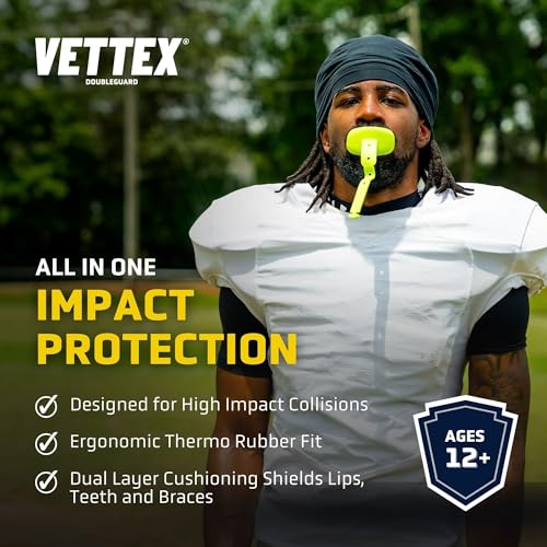 Vettex DoubleGuard Mouth Guard with Lip Protection, White | Football, Lacrosse, MMA, Boxing, Adjustable Helmet Strap, Braces Friendly, 2 Breathing Channels, NCAA & NFHS Certified - color: White