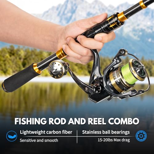 THKFISH Telescoping Fishing Rod and Reel Combo with Backpack, Carbon Fiber Travel Fishing Pole Spinning Reel Kit with Fishing Lures, Fishing Tools Kit for Men - color: Khaki Backpack With Fishing net & rod, size: 1.8M 5.9FT