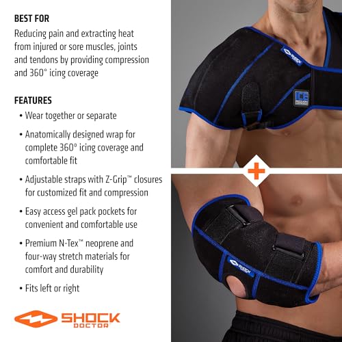 Shock Doctor ICE/Heat Recovery Compression Shoulder & Elbow Wrap Brace, Reusable Gel Ice Packs for Injuries, Hot Cold Therapy - size: Small/Medium