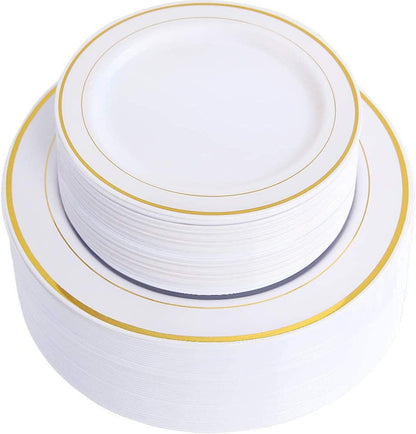 Supernal 102pcs White and Gold Plastic Plates,Disaposable Plates Heavy duty,Fancy Gold Plastic Dinnerware Set included 51 Dinner & Dessert Plates for Valentine's Day Mother's Day and Easter - color: 102pcs White and Gold Plastic Plates