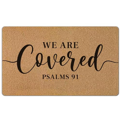 We are Covered Psalm 91 Door Mat, Christian Bible Verse Front Door Mat Rug Outdoor Indoor Entrance, Religious Scripture Artificial Coir Doormat for House Porch Patio Entry, 30x17 Inch