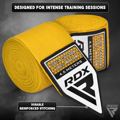 RDX Boxing Hand Wraps 4.5M / 180 Inches – Mexican Style Semi-Elastic MMA Inner Gloves - Wrist Support for Muay Thai, Kickboxing, BJJ, Karate - Thumb Loop & Hook and Loop Closure - Cotton & Nylon Blend - color: Yellow