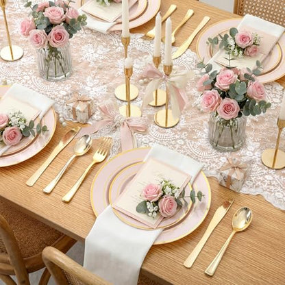 WDF Partyware 175PCS Pink plastic Plates - Pink Disposable Plates 25Guests Disposable Dinnerware Sets with Rolled Napkins for Wedding/Birthday/Baby Shower - color: Pink, size: 175PCS