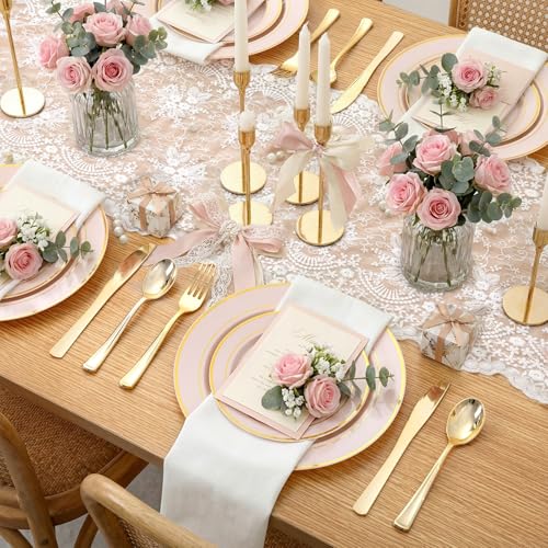 WDF Partyware 350PCS Pink Disposable Plates - Pink Plastic Plates 50Guests Plastic Dinnerware Sets with Rolled Napkins for Wedding/Birthday/Baby shower - color: Pink, size: 350