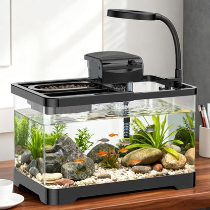 Pawfly 2 Gallon Fish Tank, Small Aquarium Kit, Betta Fish Tank Starter Kit with 6 W LED Light, 65 GPH Filter, Siphon Vacuum Water Changer & Basket, Aquarium for Betta, Shrim, or Small Fishes