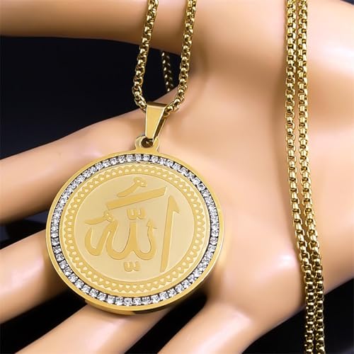 choker necklace，Arabic Quran Allah Medal Necklace for Women Men Rhinestone Gold Color Islam Muslim Chain Jewelry collar