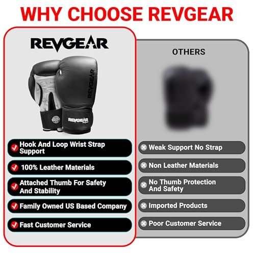 Revgear Pro Leather Boxing Gloves - Striking Boxing Training Gloves, Heavy Bag Gloves, Hook and Loop Wrist Support, Attached Thumb, Grip Bar -10500 - size: 16-Ounce