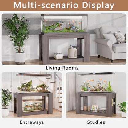 Farmhouse 75–120 Gallon Aquarium Stand for Fish or Reptile Tank, 48"x24" Tabletop Terrarium Stand with Power Outlet and Storage Shelves, Natural Brown Fish Tank Stand, 1500LBS Capacity,Gray Wood