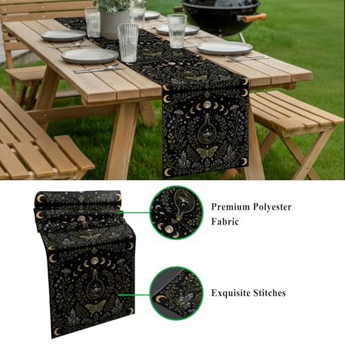 Whimsical Lunar Table Runner Butterfly Floral Moonphases Quartzcrystals Black Kitchen Table Runner for Dining Room Home Party Decor 16x72 Inch - size: 16"W x 72"L (Pack of 1)