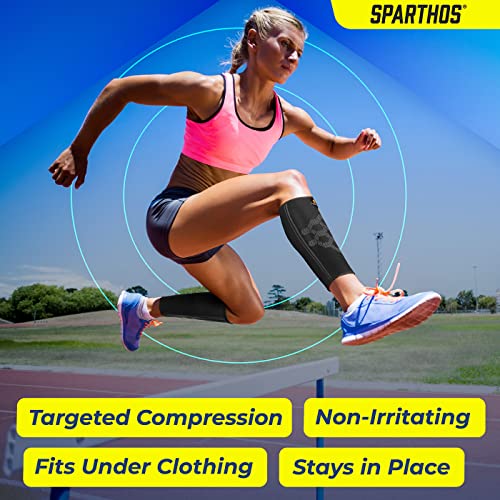 Sparthos Calf Compression Sleeves, Shin Splint Relief Men, Women - Black-M | Leg Compression Sleeves (1 Pair), Varicose Veins, Pain & Cramp Recovery, Air Travel, Nurses, Maternity, Running, Soccer - color: Midnight Black