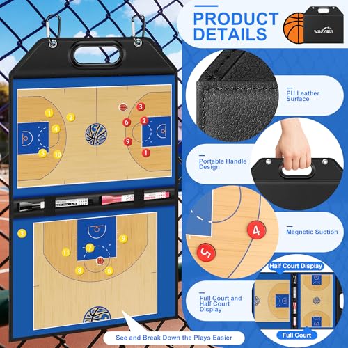 Magnetic Basketball Coaching Board | Foldable Leather Basketball Clipboard Kit for Coaches | Professional Basketball Tactic Board | Dry Erase Strategy Whiteboard | Carry Handle | Lightweight - style: Basketabll